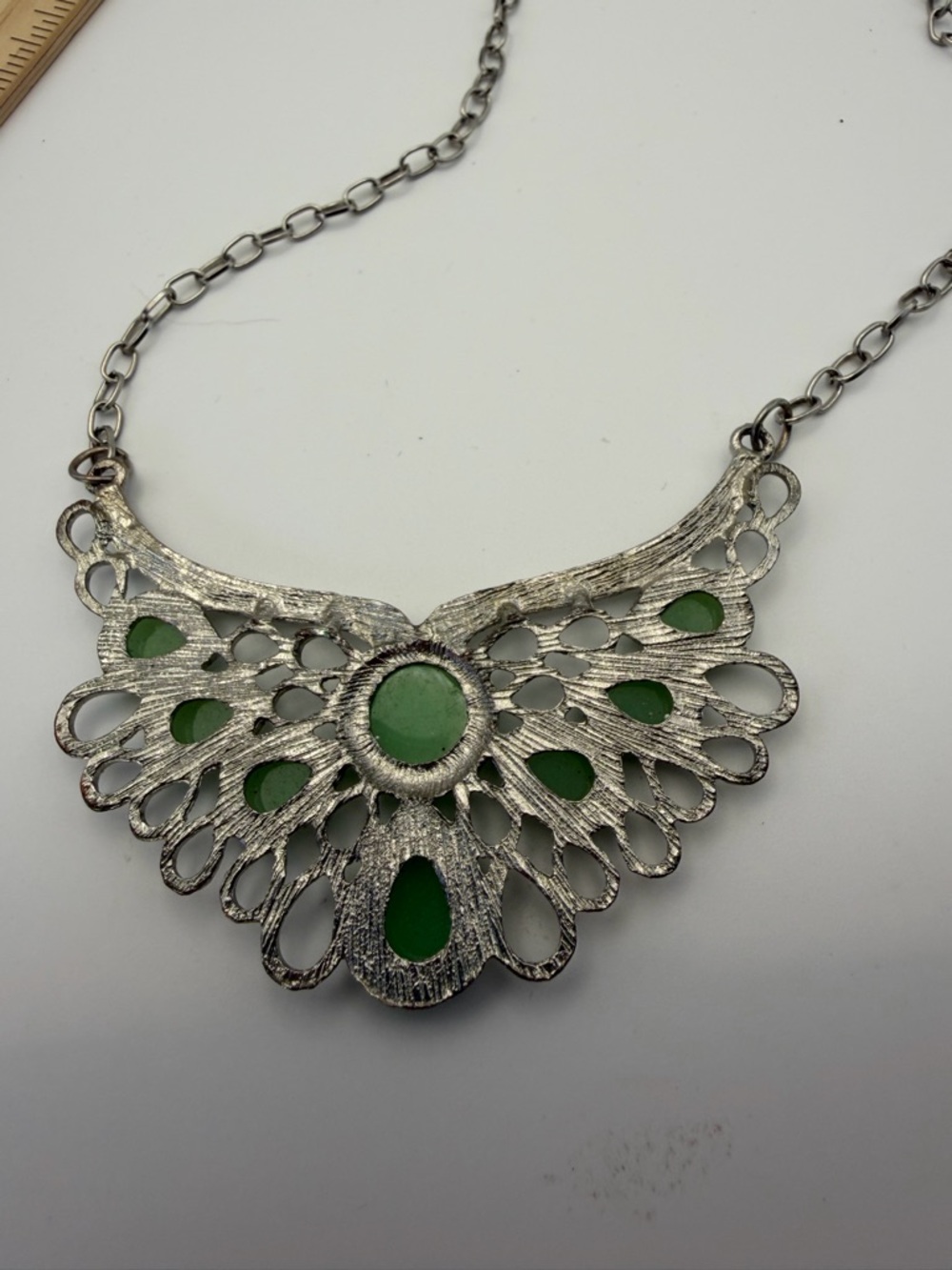 Mint Green Statement Necklace Bib Openwork Silver Tone - Picture 4 of 6
